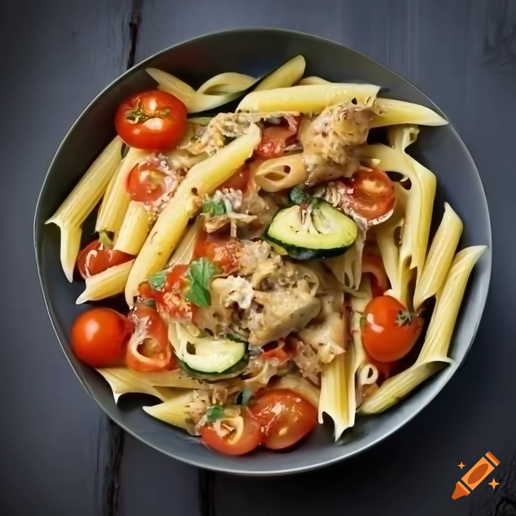 Penne with chicken thighs, zucchini, and cherry tomatoes