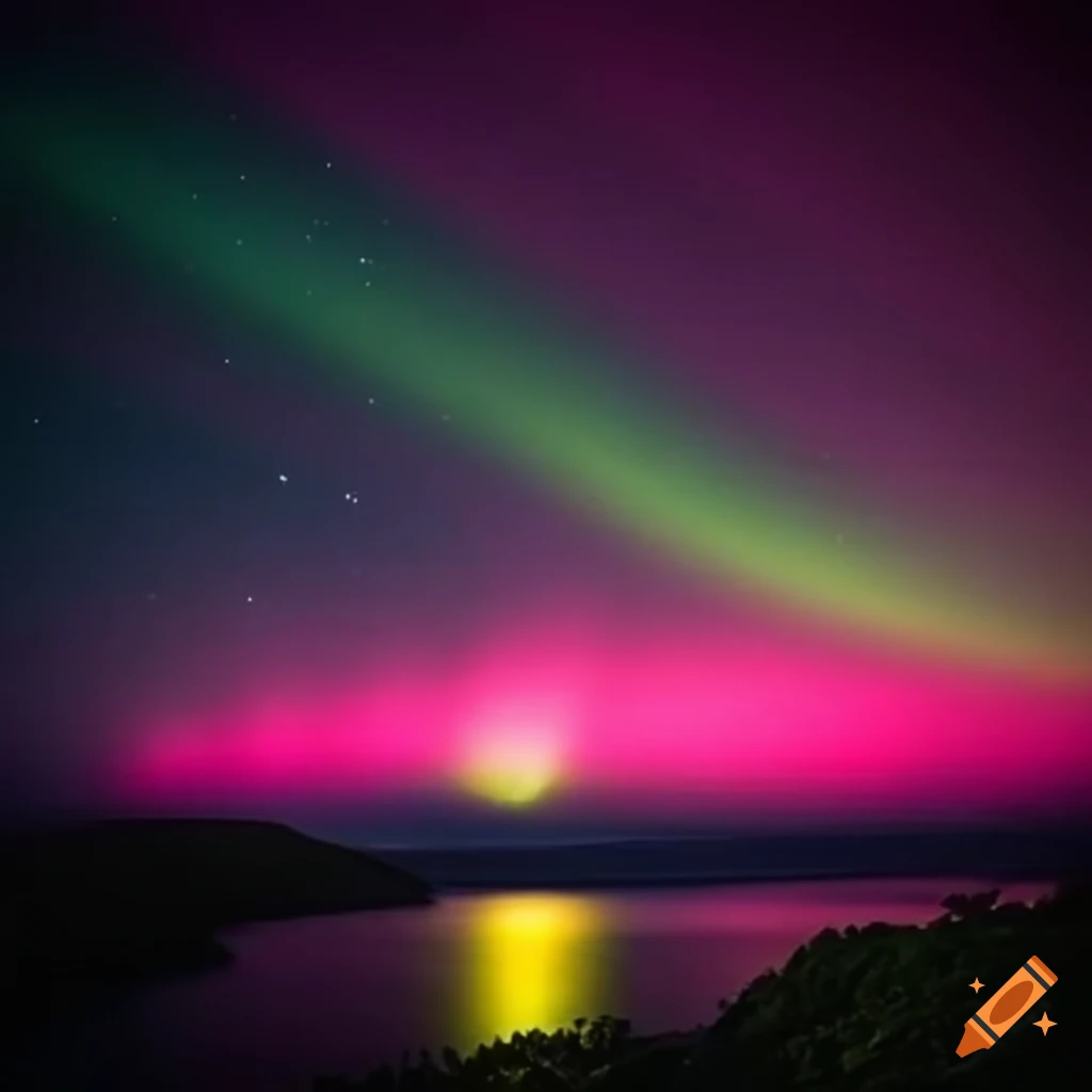 Aurora borealis under a small island with green and pink hues at night