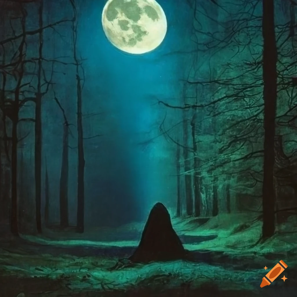 Cloaked figure guarding magical forest under a full moon and stars