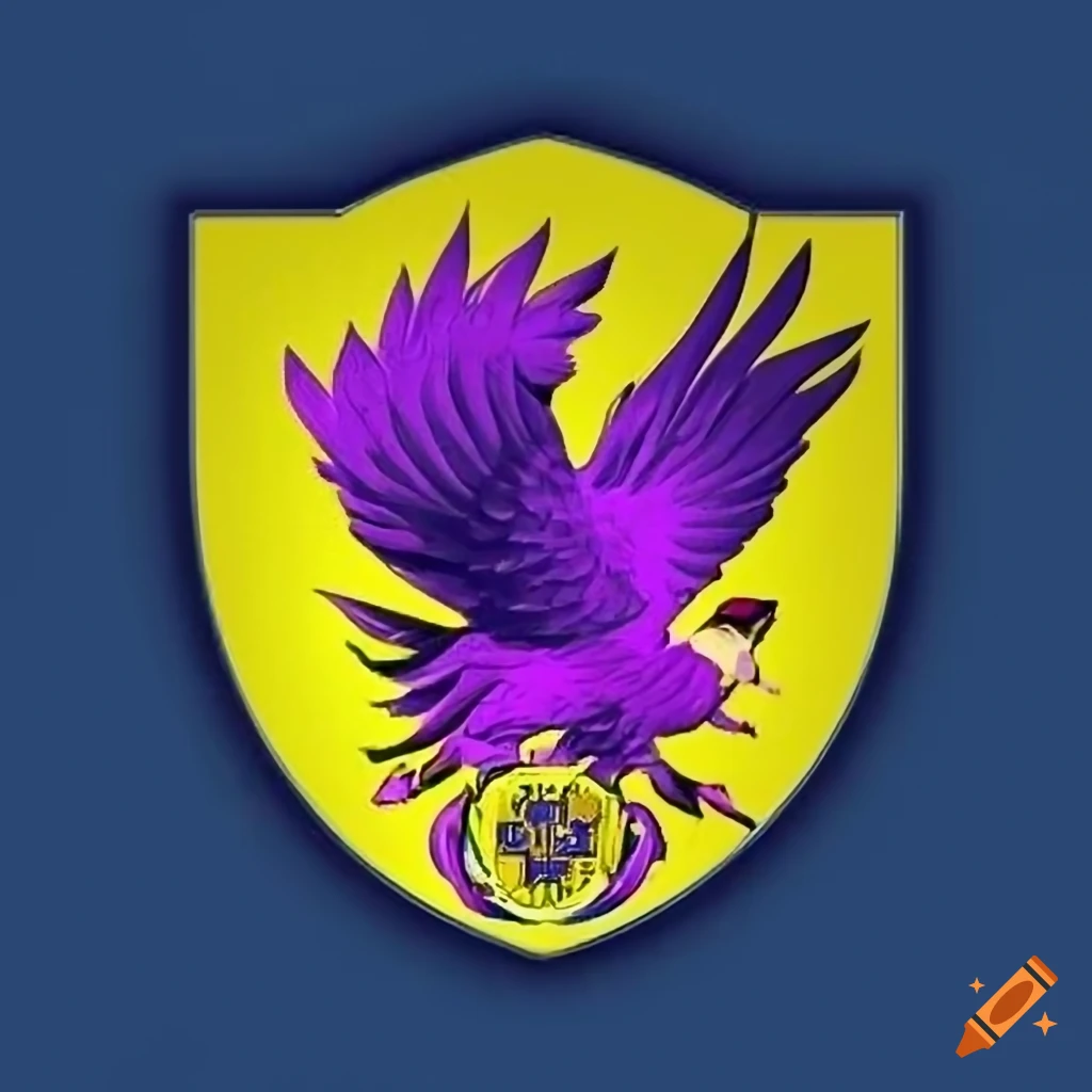 Soccer badge with yellow crest and purple bird of prey for Riverrock FC