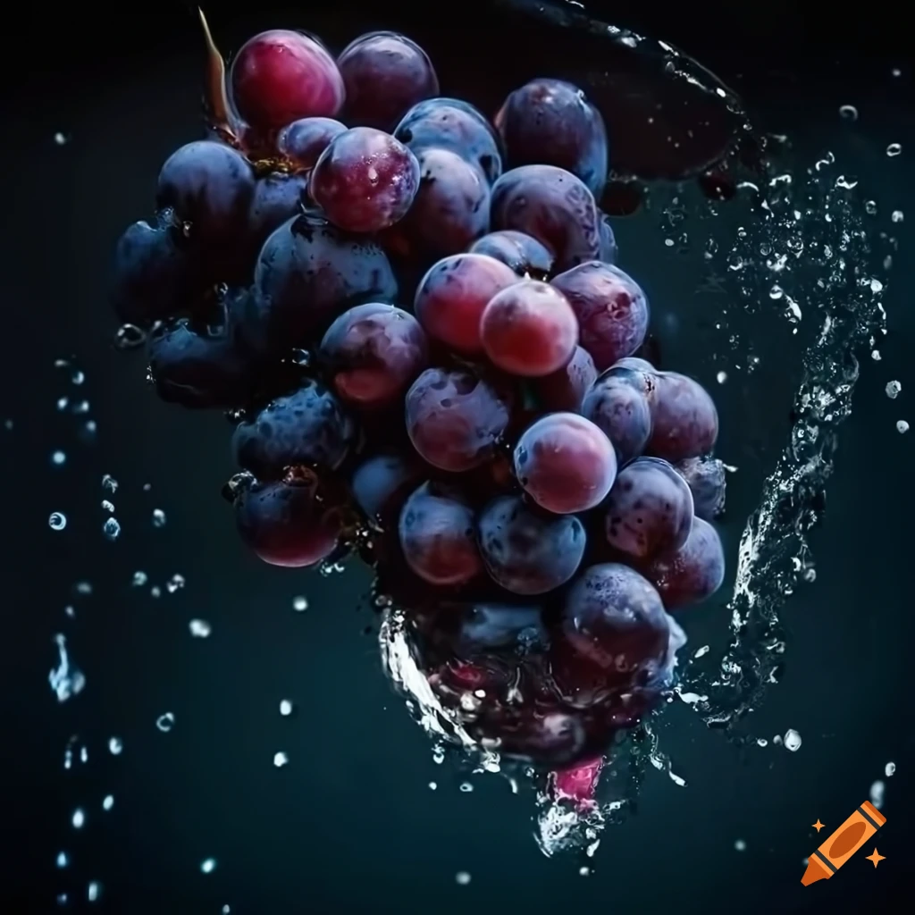 Cluster of juicy black cabernet grapes with a splashing water stream
