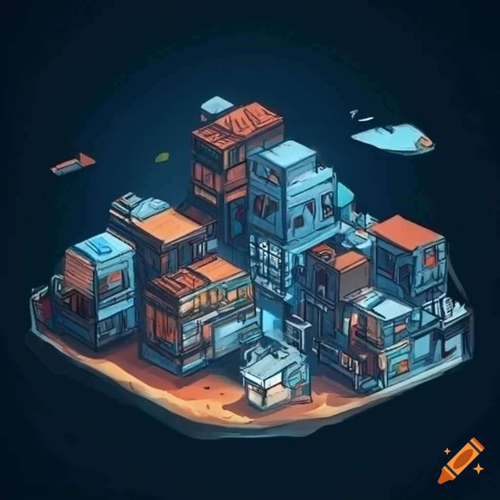 Isometric sci-fi shipping container mountain town