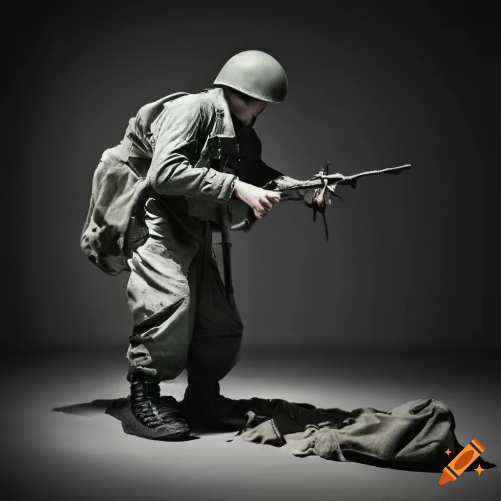 WWII soldier catching a sandbag in combat uniform (black and white photo)