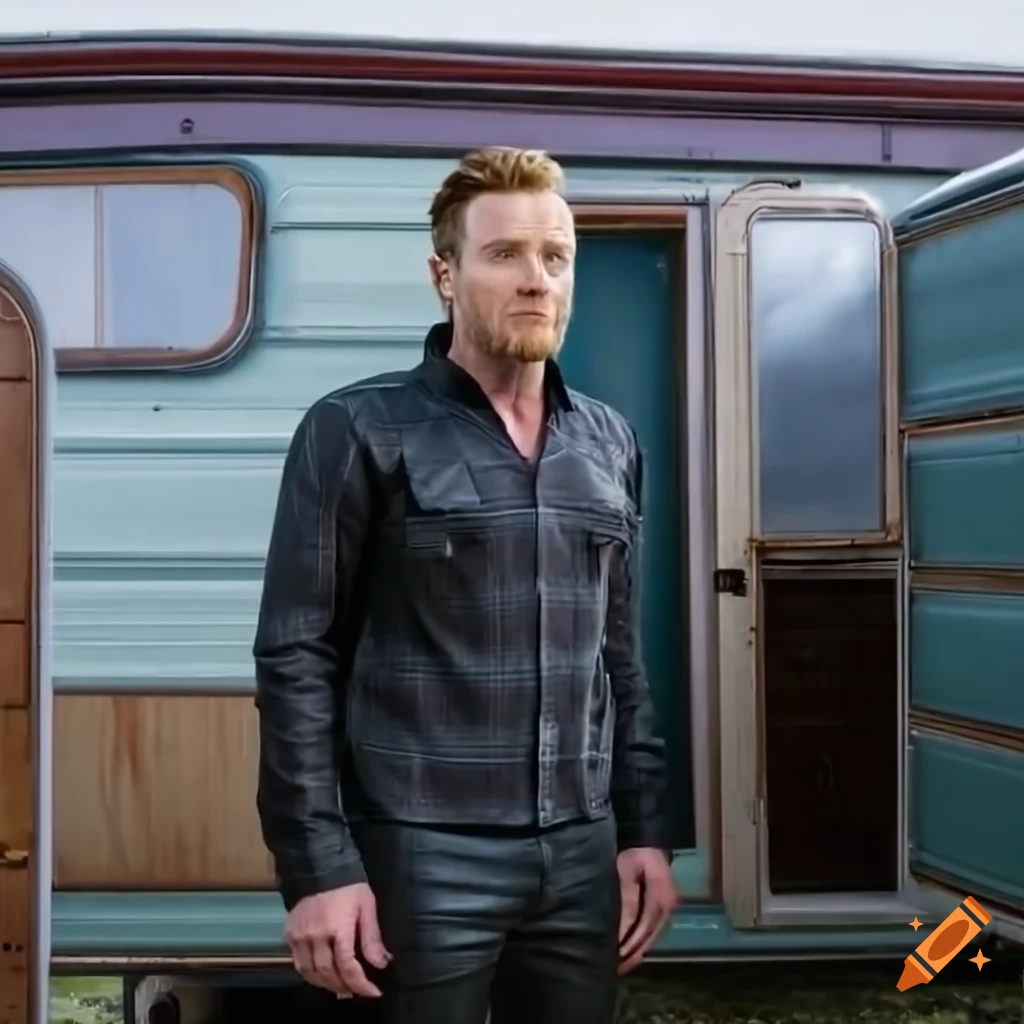 Young man in country plaid shirt and high-waist black leather trousers standing in a caravan doorway