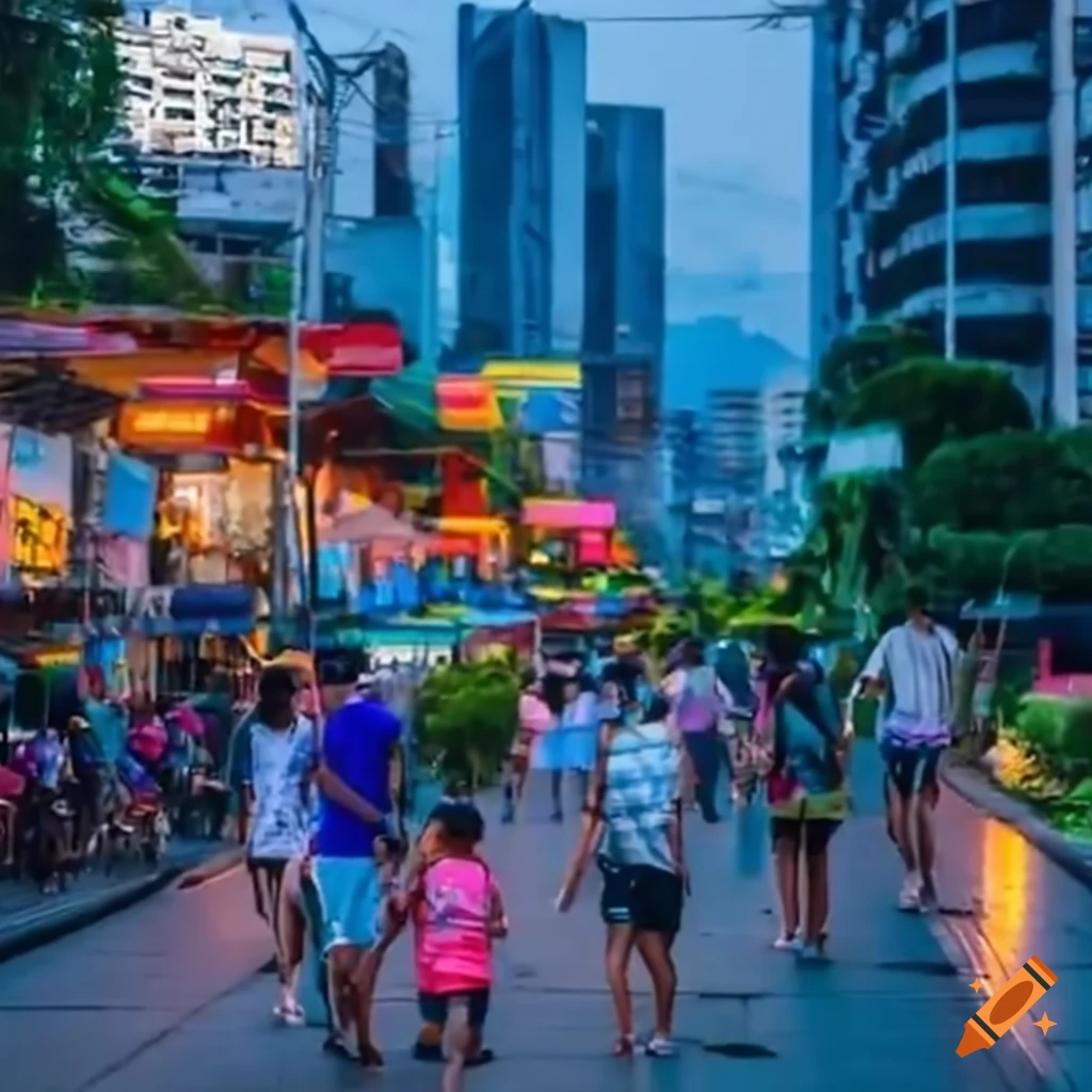 Urban city scene with bustling pedestrians in the Philippines