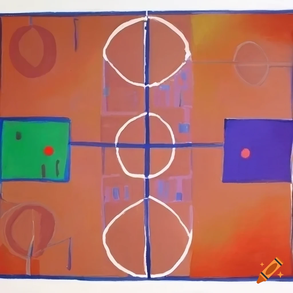Painting of a playground and basketball court in the style of Paul Klee and David Hockney with muted colors