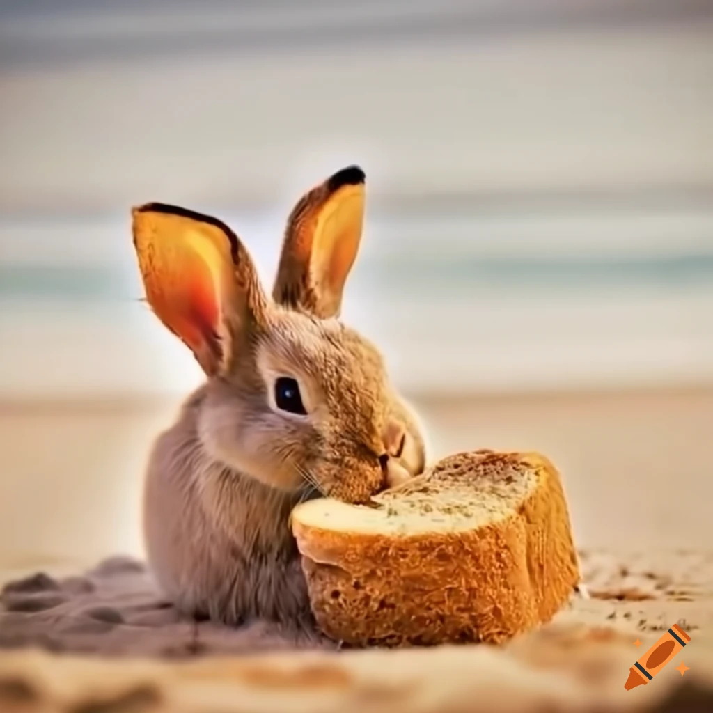 Bunny eating bread on the beach