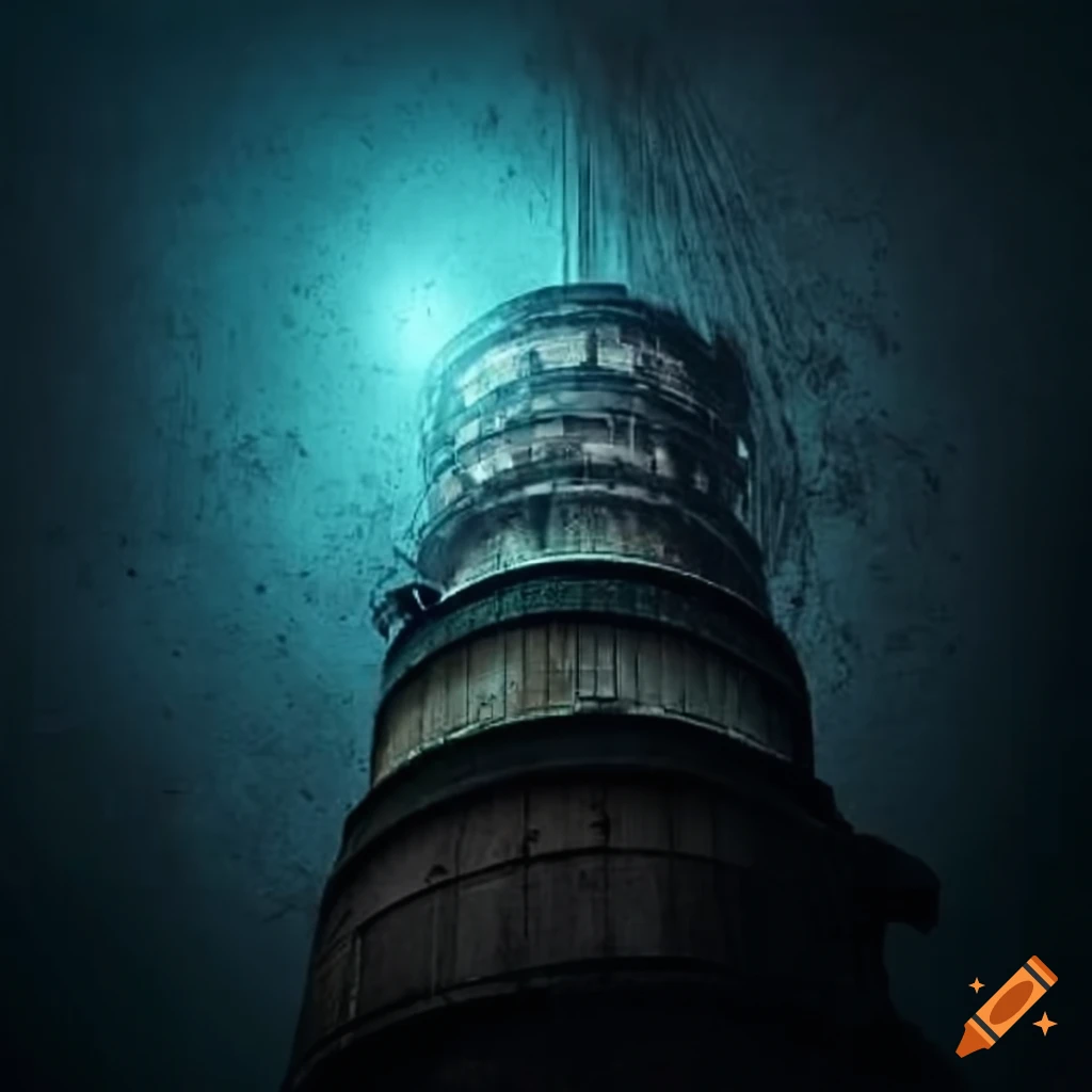 Escena industrial sombría con fábrica en ruinas y chimeneas emitiendo humo