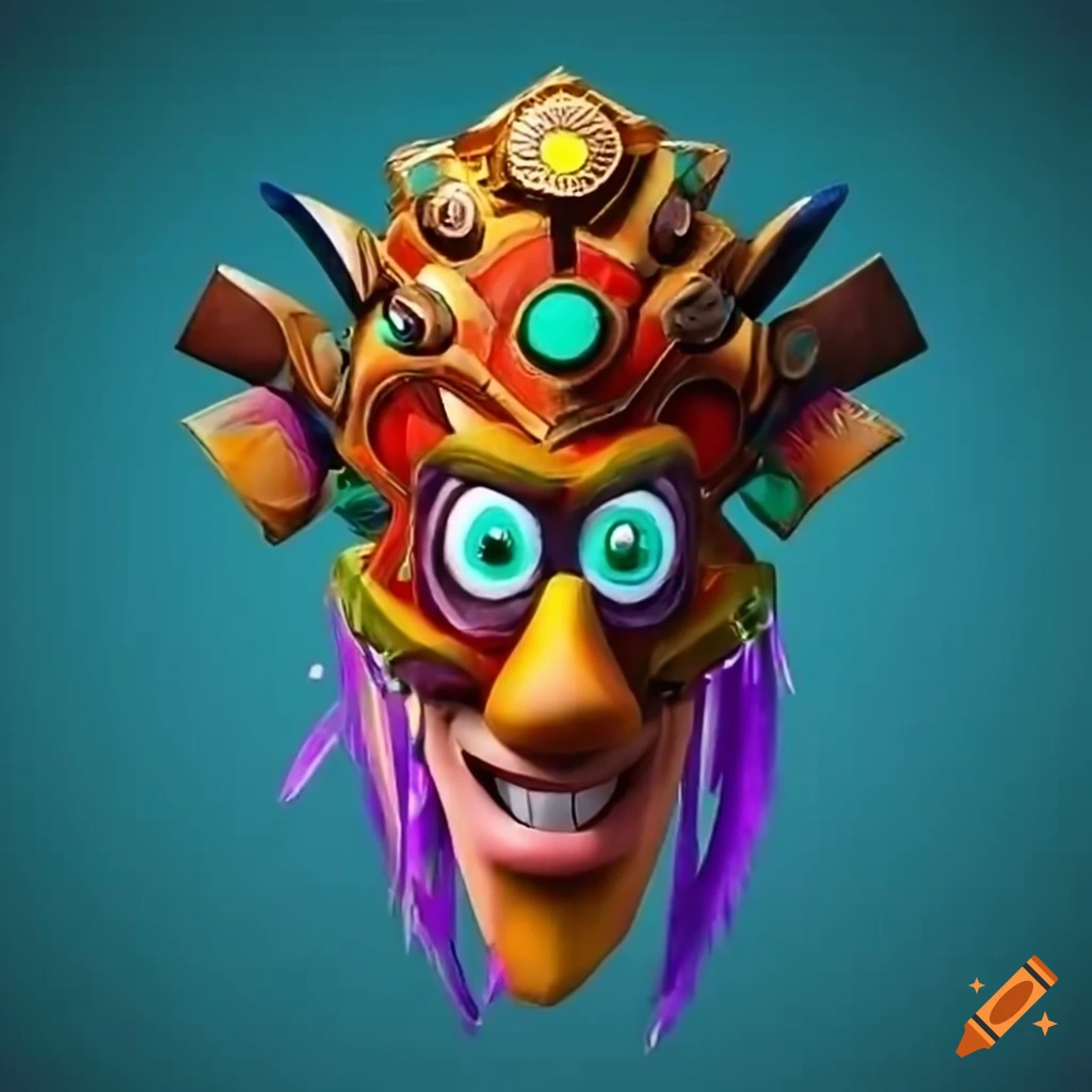 Vibrant wooden mask of a king with lifelike eyes, feather crown, and colorful symbols