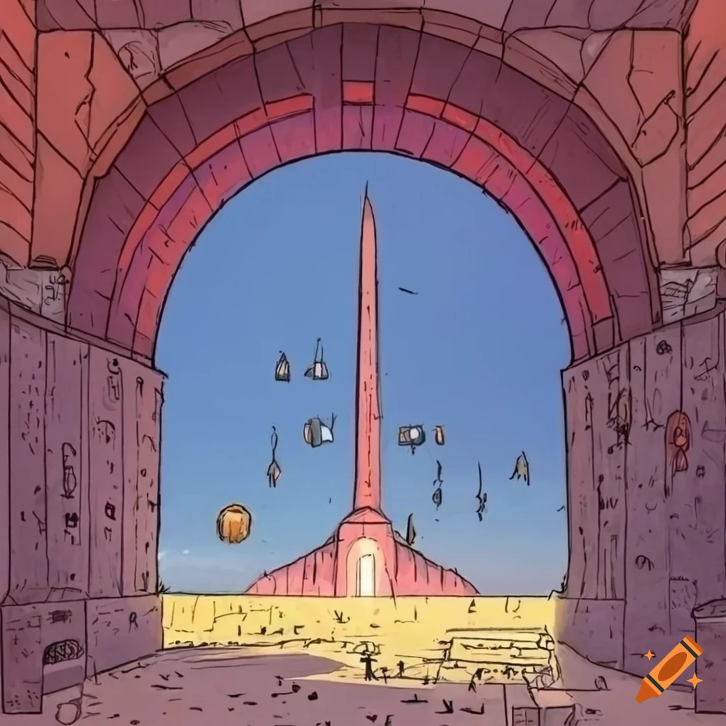 Medieval alley way with airships flying above, illustrated in Moebius style