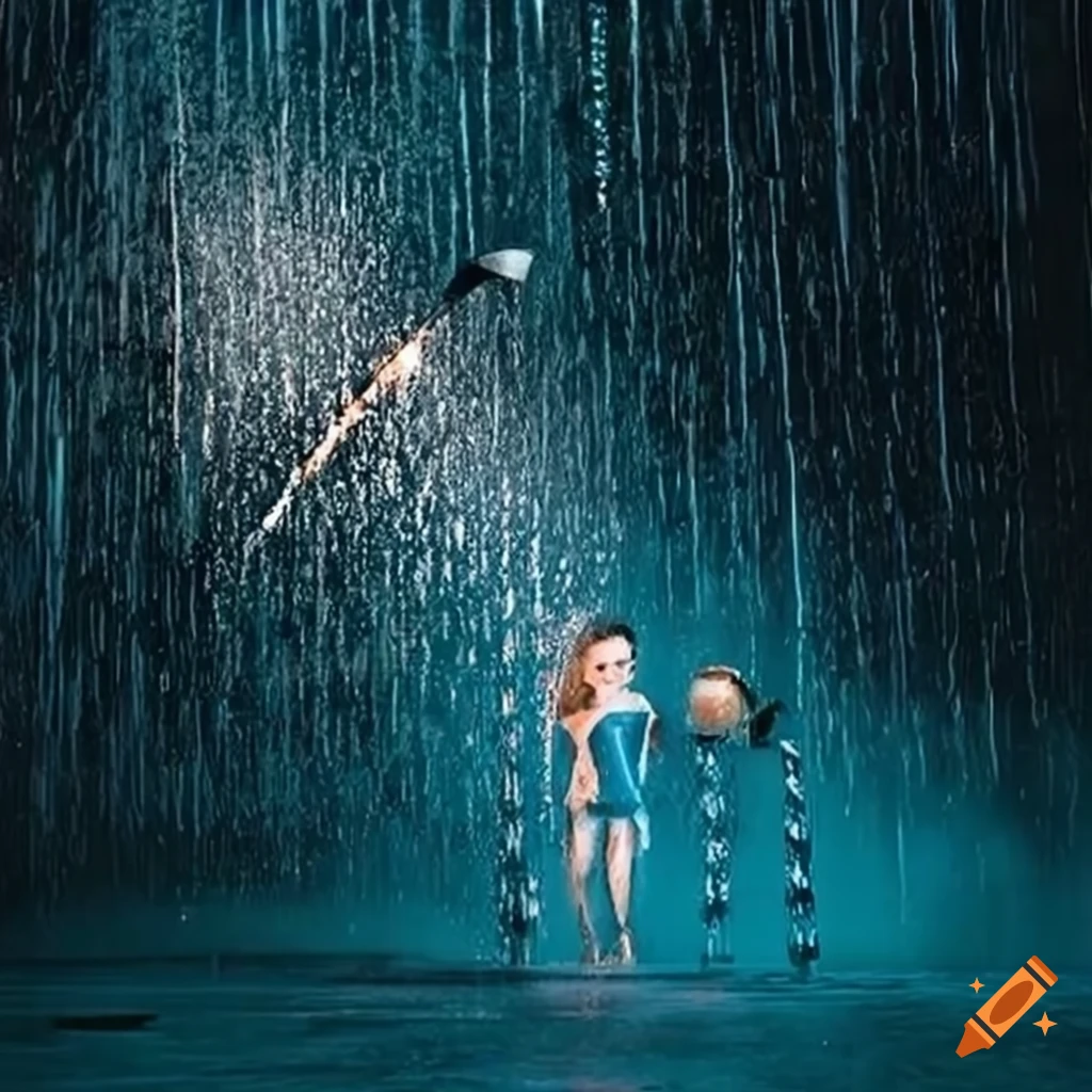 Idyllic family under a rain shower by a street lamp