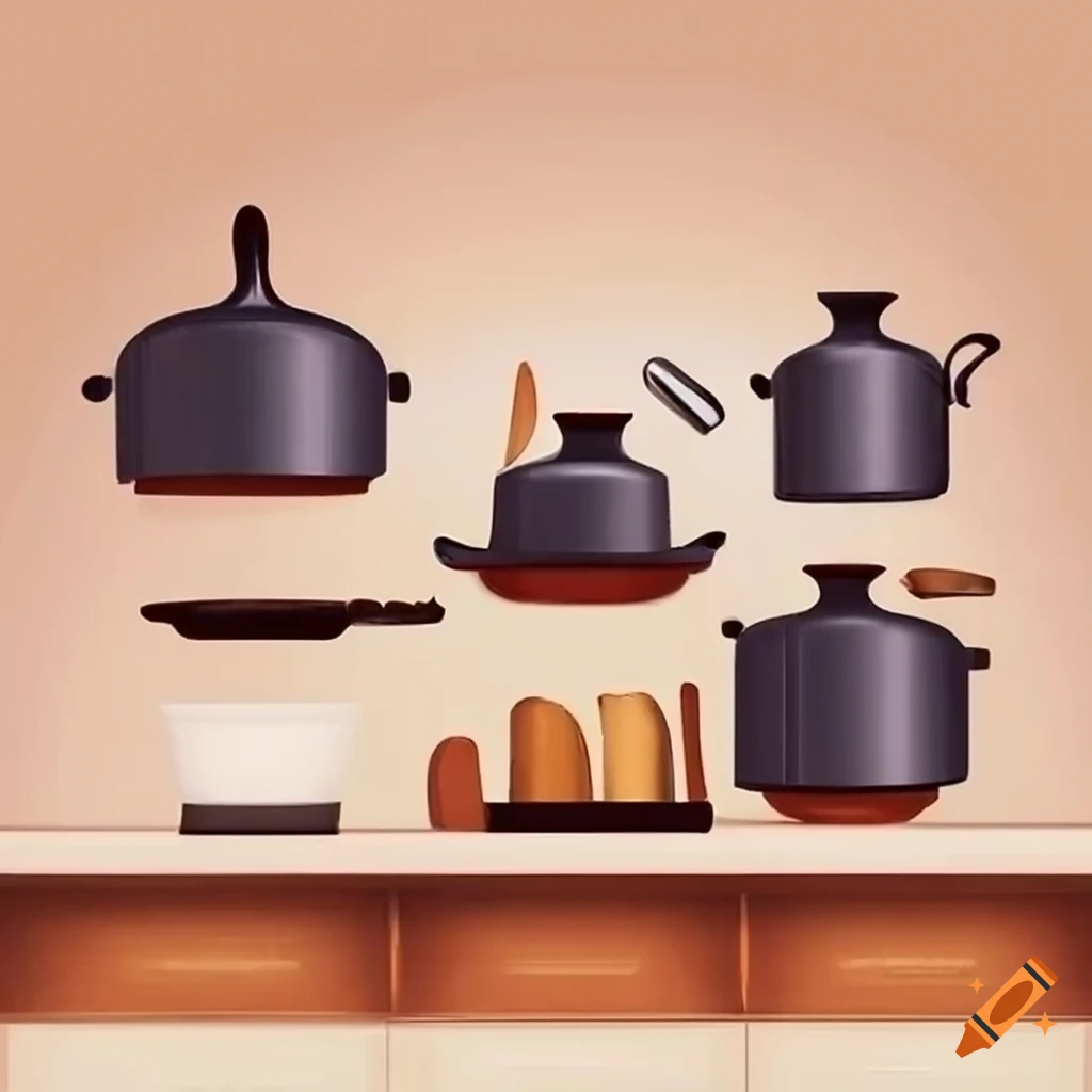 Arrangement of pots, pans, and utensils on a kitchen counter