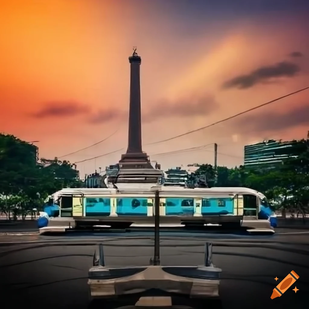 Future Surabaya cityscape with electric train near Heroes Monument