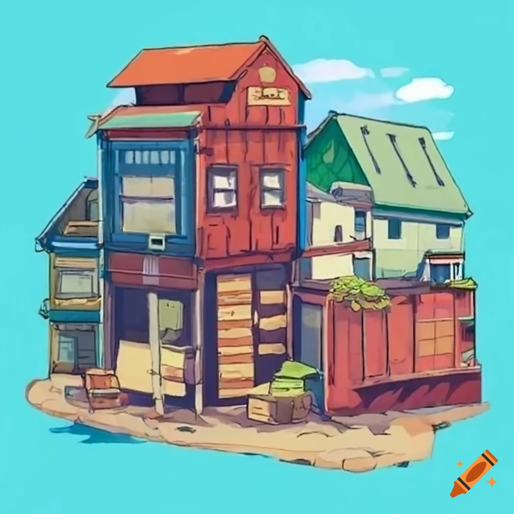 Studio Ghibli style town made of shipping containers