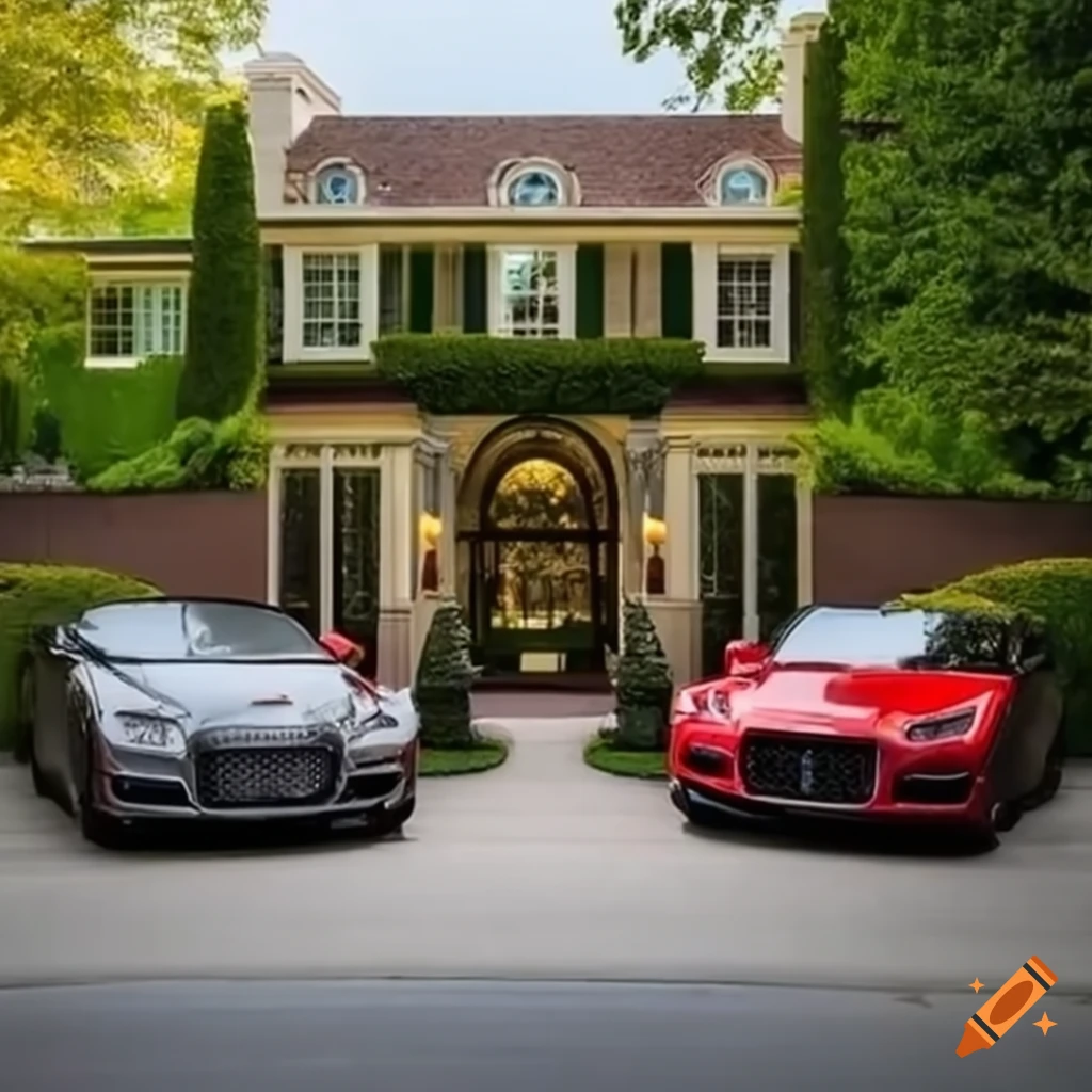 Luxury cars at an elegant mansion with lavish architecture