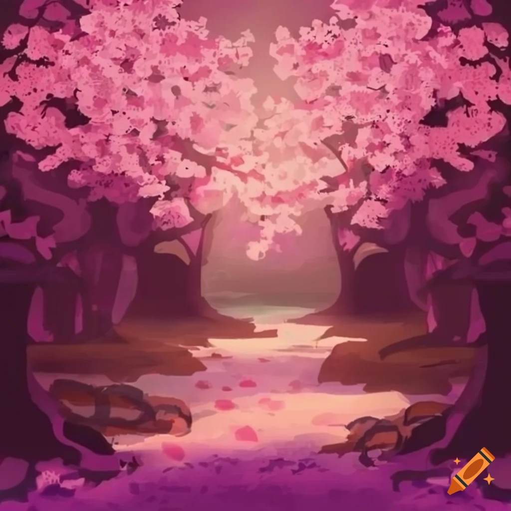 Cherry blossom forest concept art in Rayman Legends style