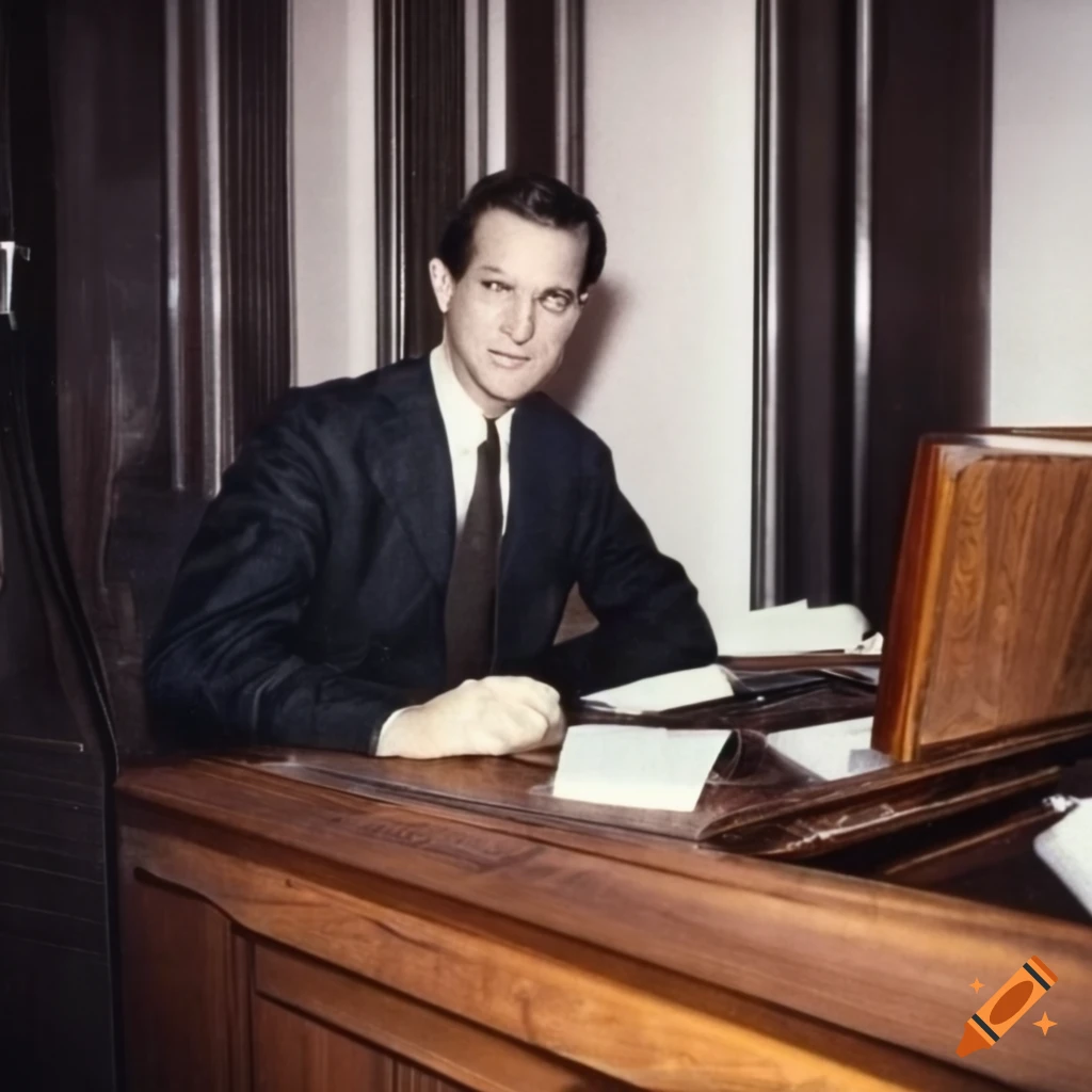Corporate man in power suit at 1980s Wall Street office