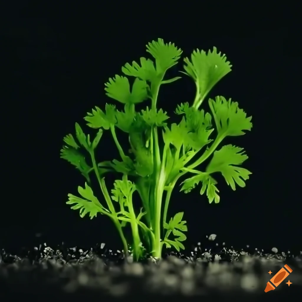 Cilantro planted in rich soil on a black background in high definition