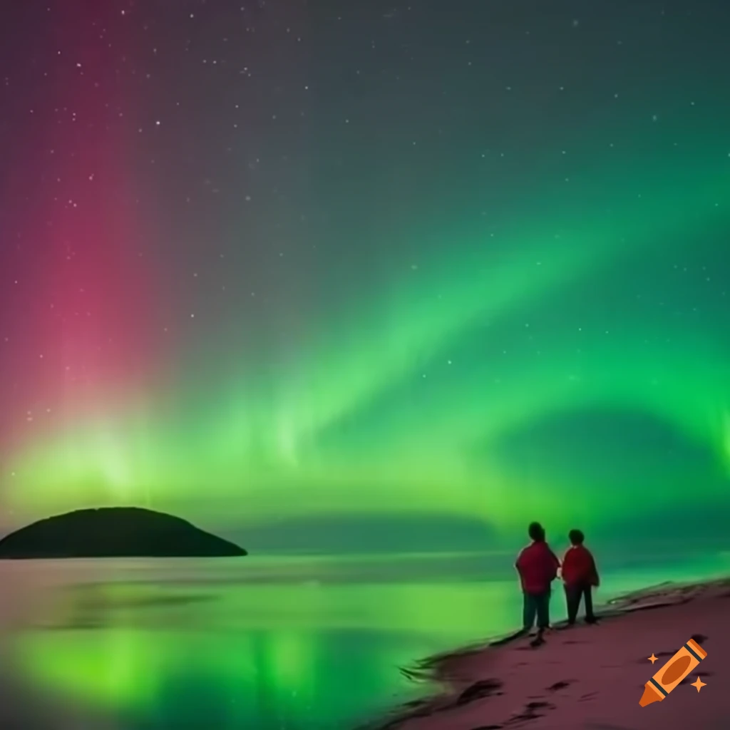 Green and pink aurora with a man on an island beach