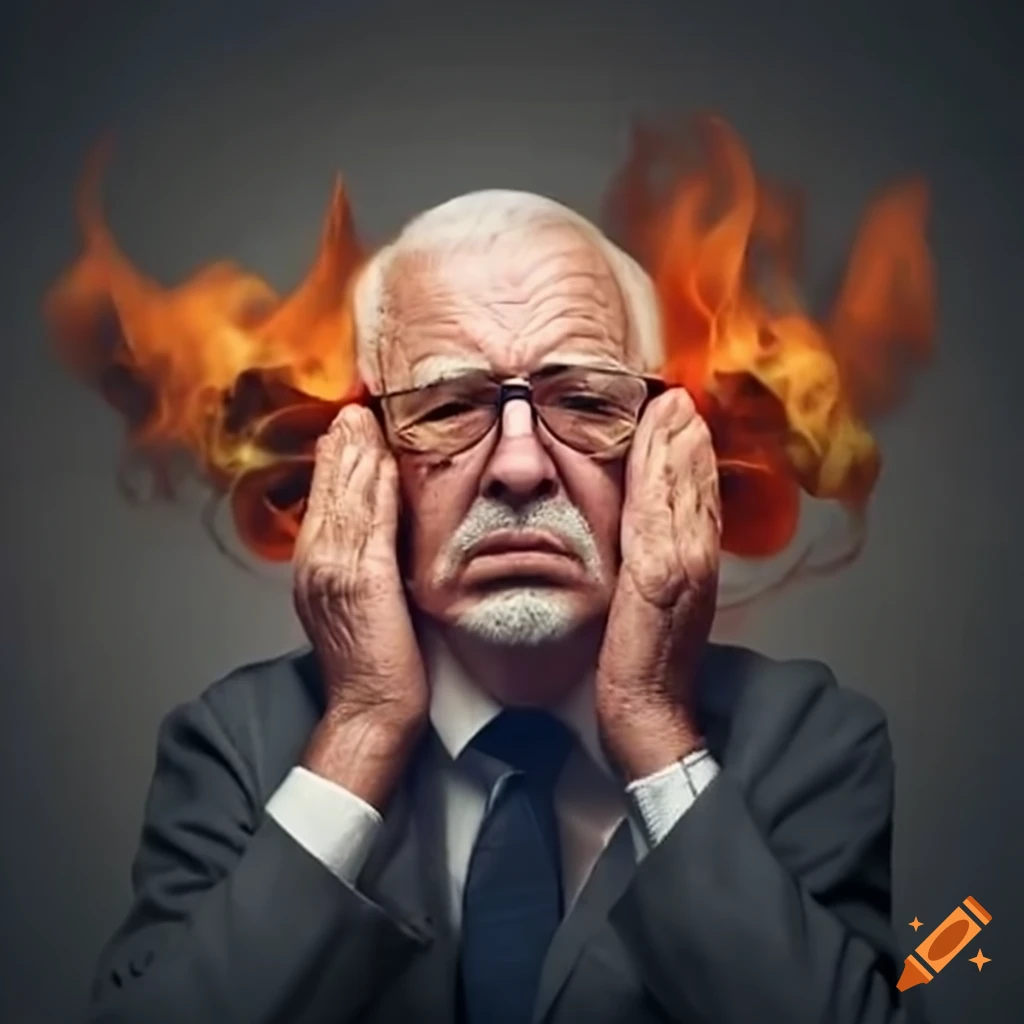Stressed senior executive with smoke coming out of ears and shoes on fire