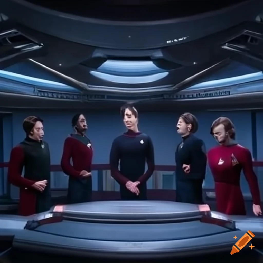 Crossover of The Big Bang Theory and Star Trek characters on the Enterprise bridge