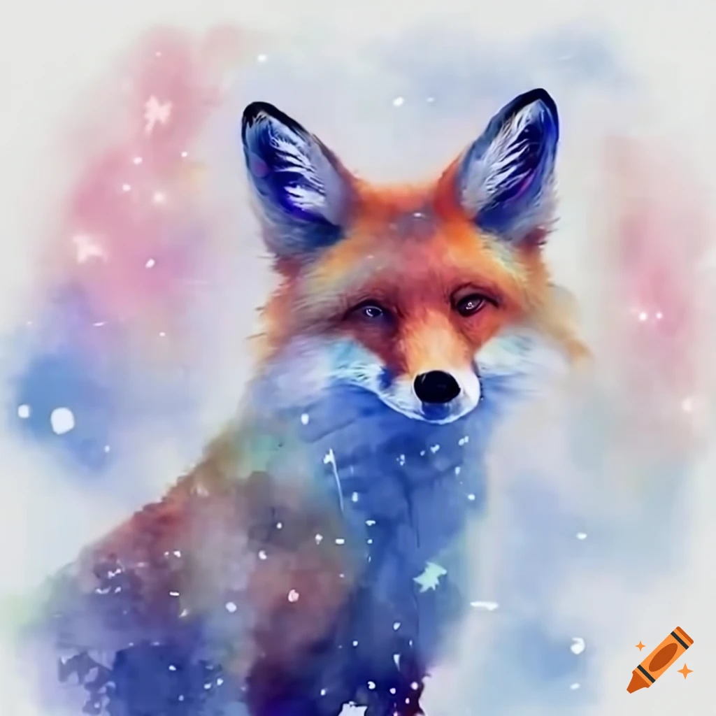 Fox in front of beautiful forest with sky and polar lights, holding a cute feather