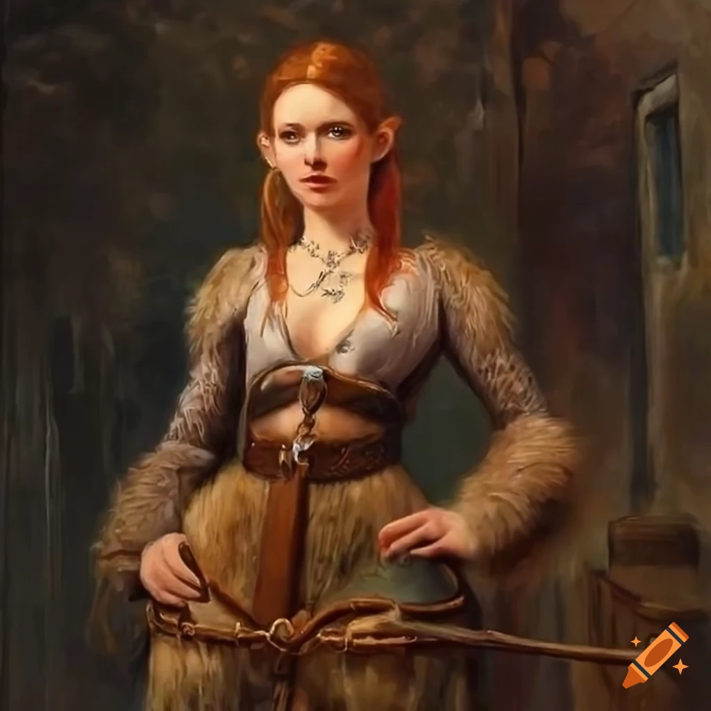 Highly textured oil painting of a female dwarf adventurer in medieval village