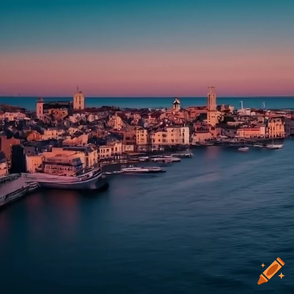 Skyline of a large coastal European town at sunset