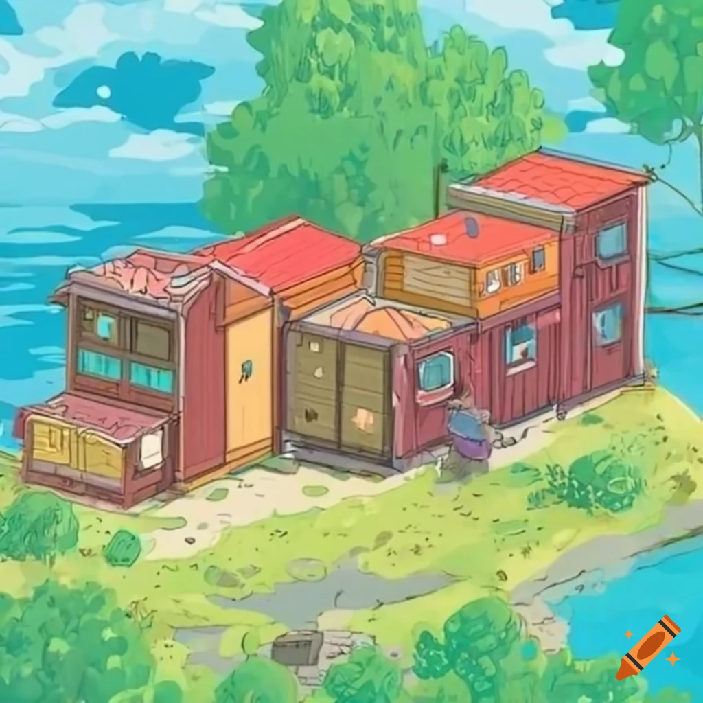 Studio Ghibli style town made of shipping containers