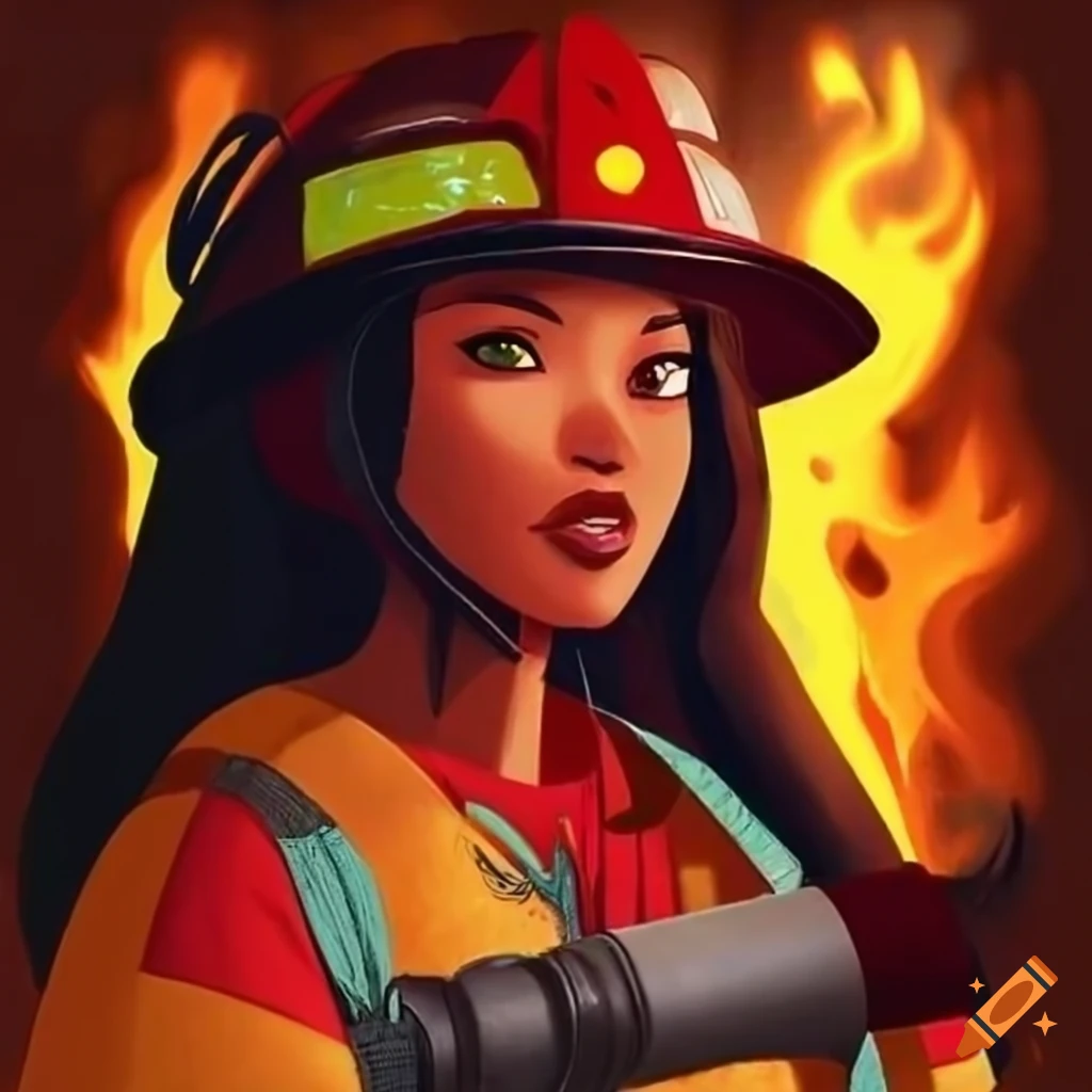 Pocahontas as modern firefighter with hose and firetruck