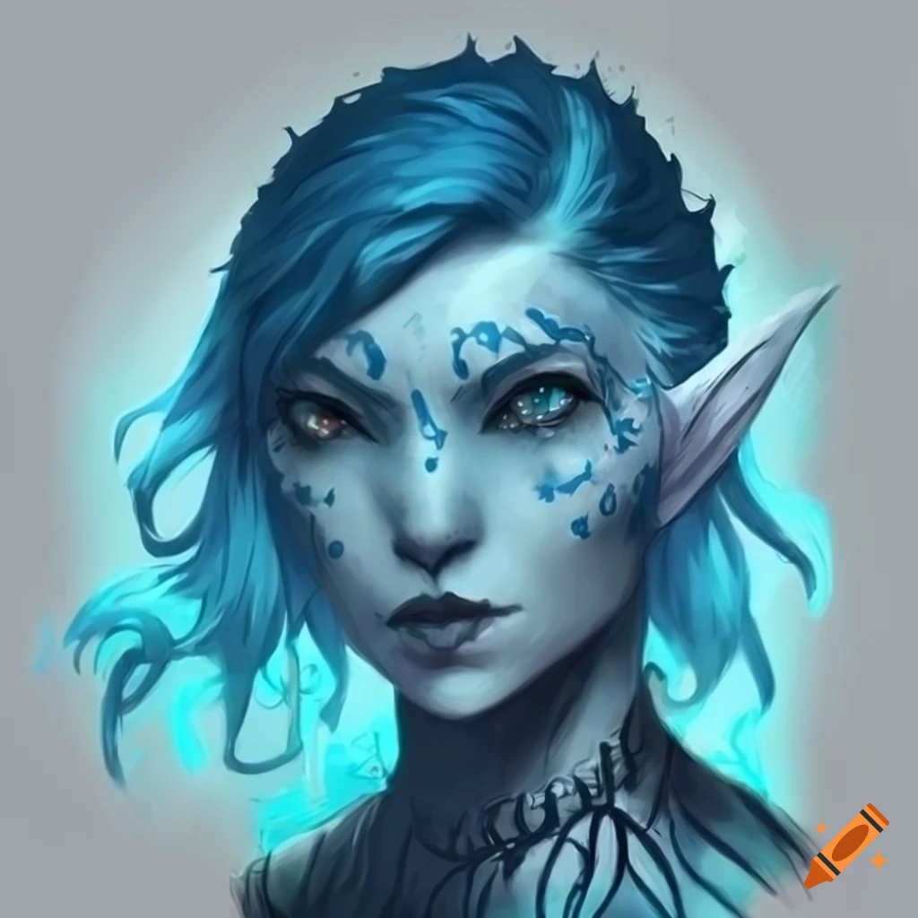 Aquatic amphibious female with yellow eyes, blue skin, and dark blue hair