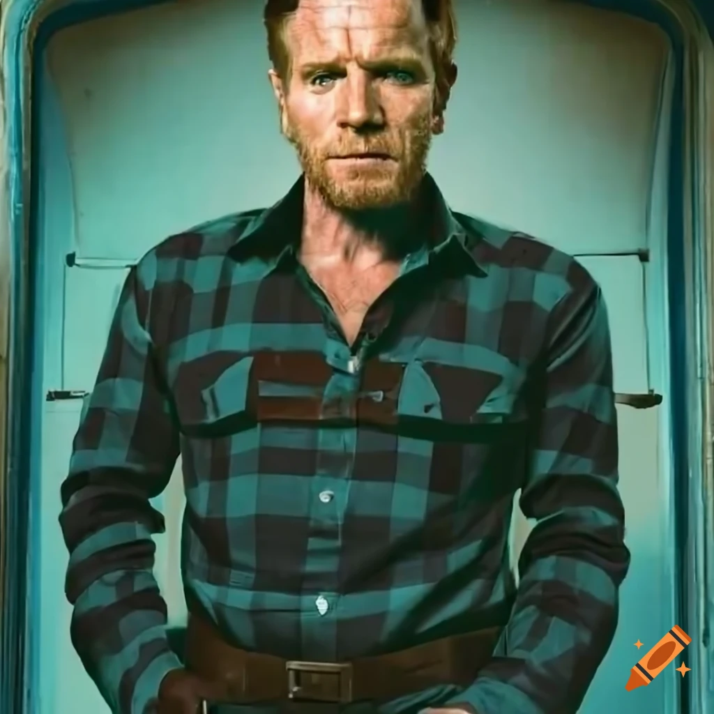 Young man in country plaid shirt and black leather trousers standing in caravan doorway