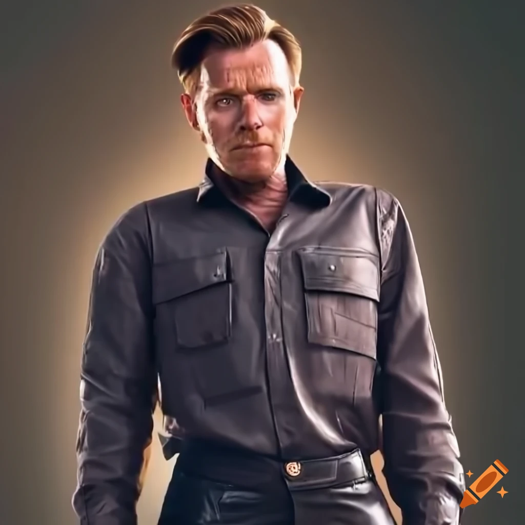 Young man in country plaid shirt and black leather trousers standing in caravan doorway