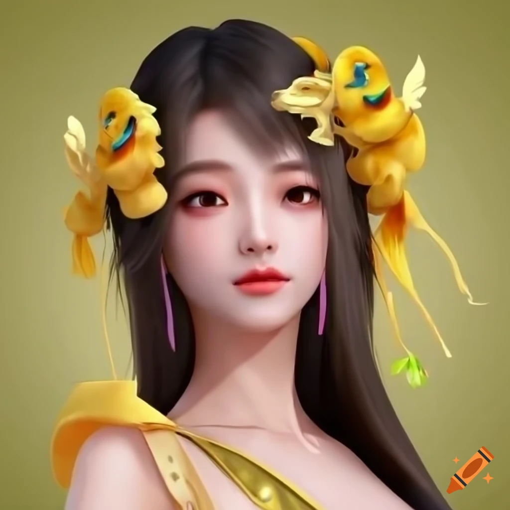 Yellow dressed beautiful donghua 3D girl resembling a princess with a beautiful background