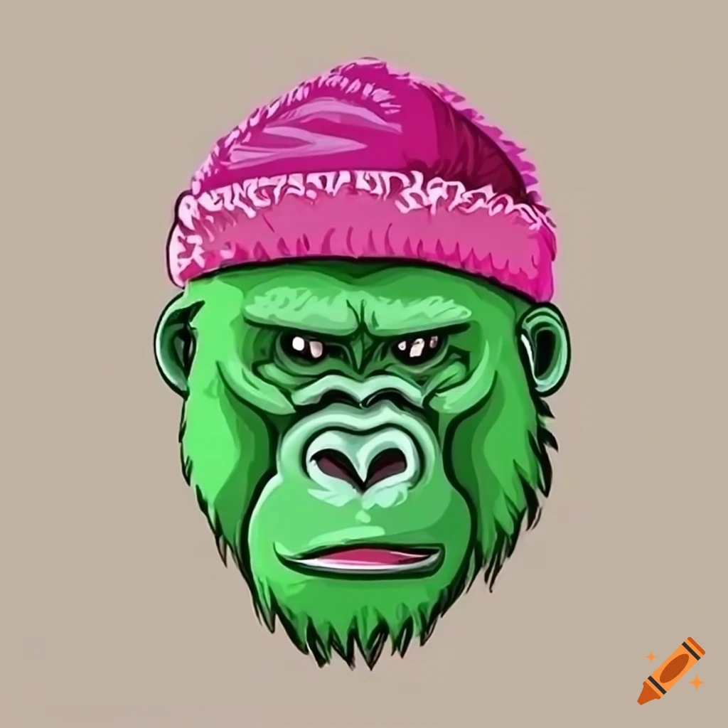Green gorilla wearing a pink beanie