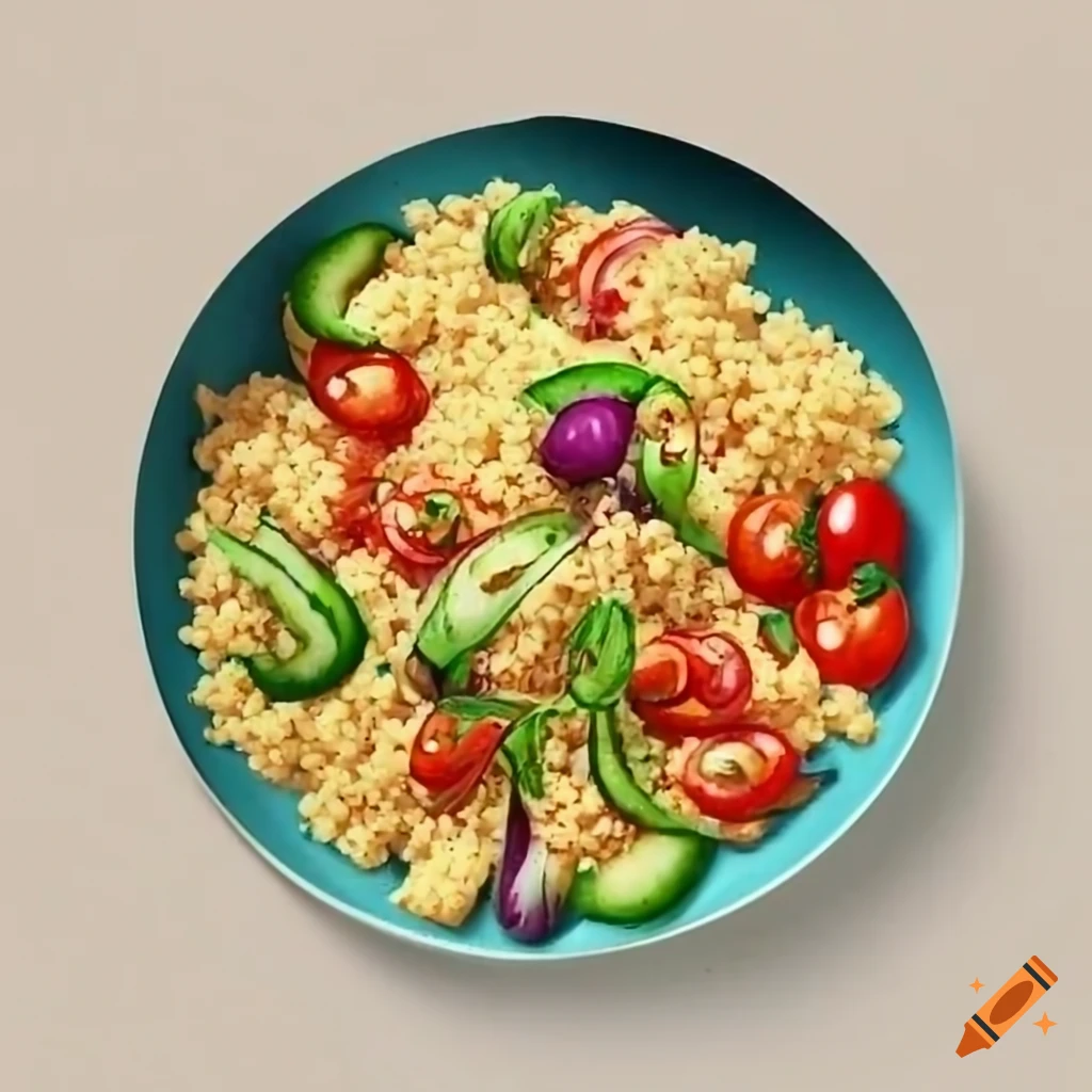 Couscous salad with pearl couscous, cherry tomatoes, cucumbers, and purple onion
