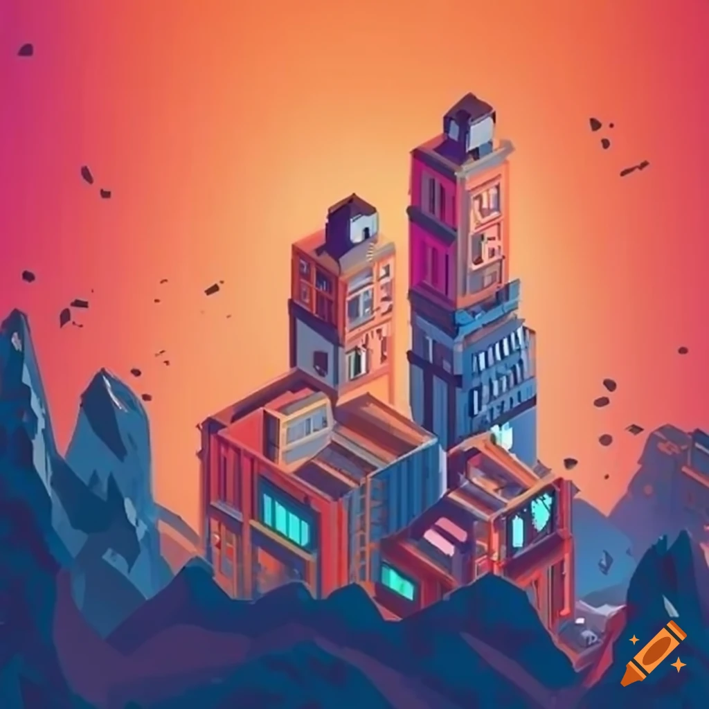 Isometric sci-fi mountain town made of shipping containers