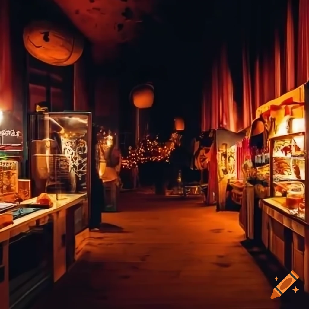 Immersive food gallery with street food stalls and tasting stations