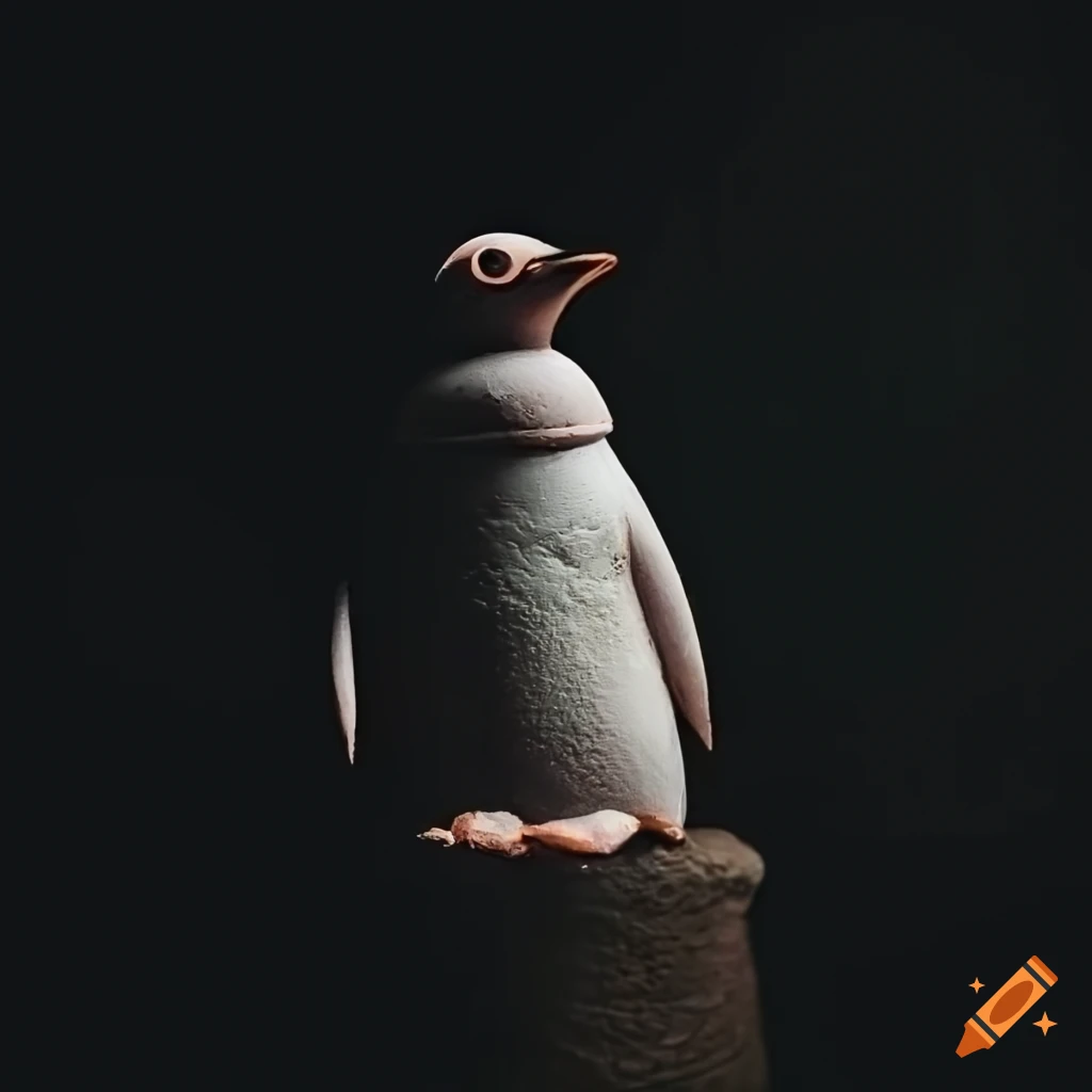 Ominous penguin clay figure in a dark room