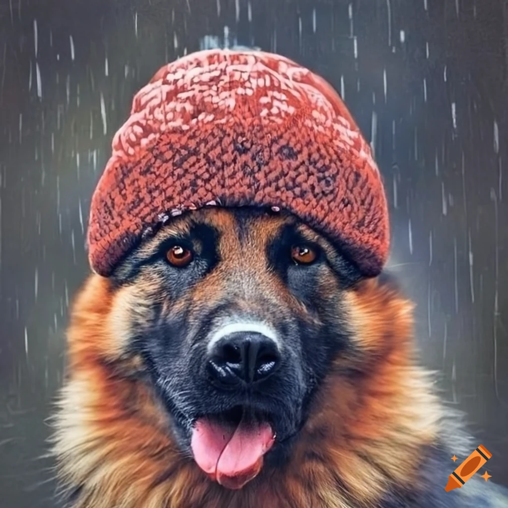 German Shepherd wearing a beanie in the rain