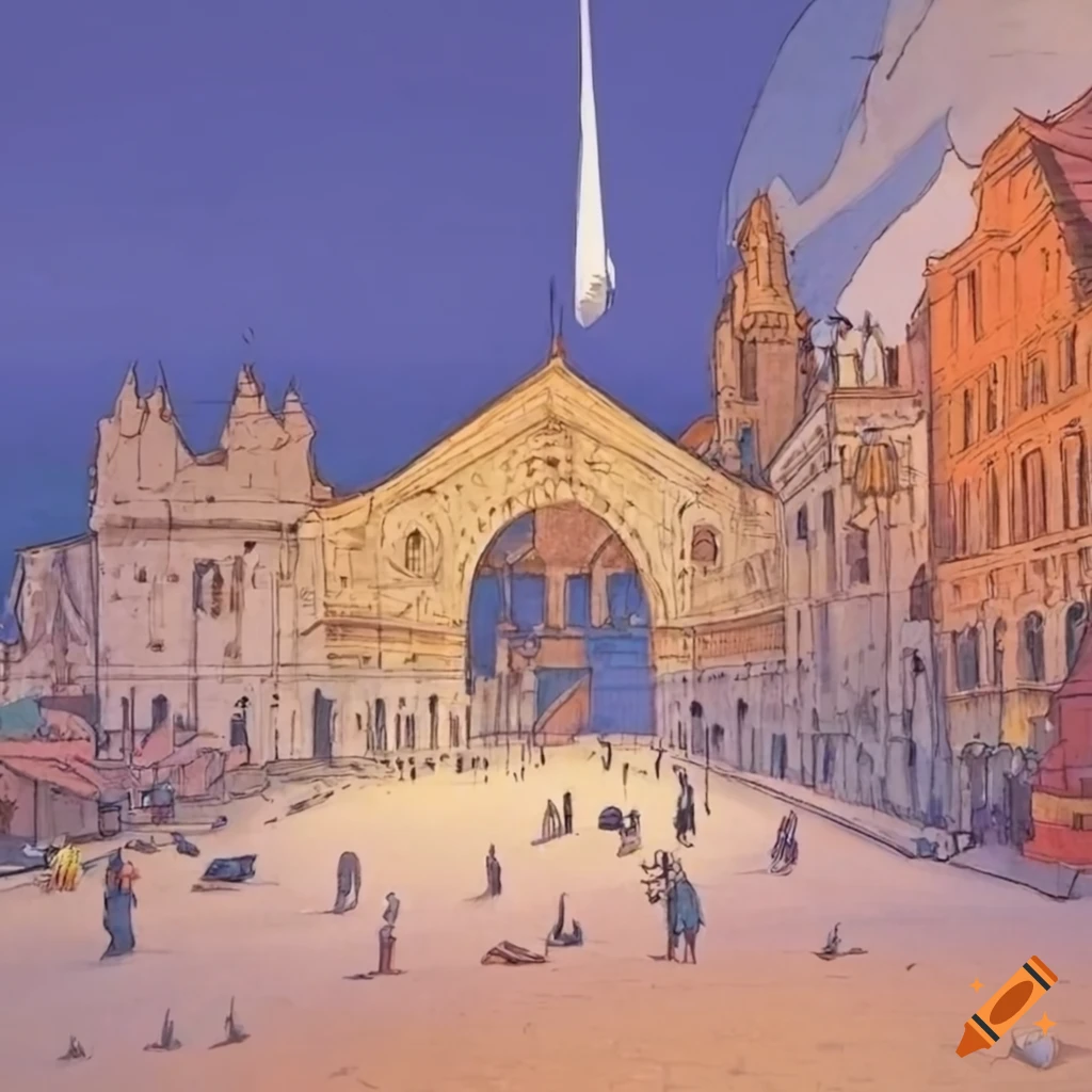 Medieval archway leading to a bustling plaza with airships in Moebius style