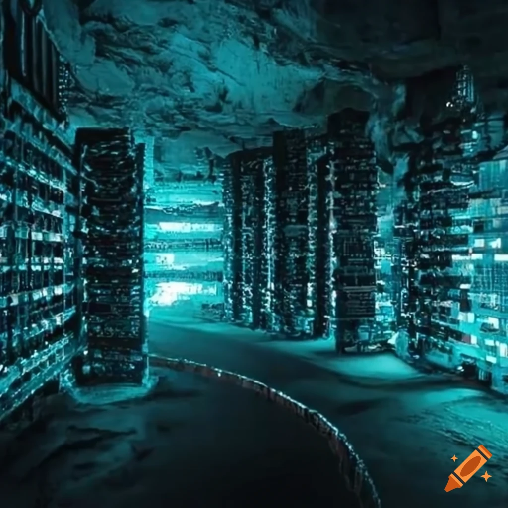 Underground network server grid with Crystal Lattice Array storage systems in a cave