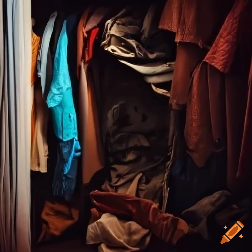 Dramatic close-up of a shirt bursting out of a cluttered closet
