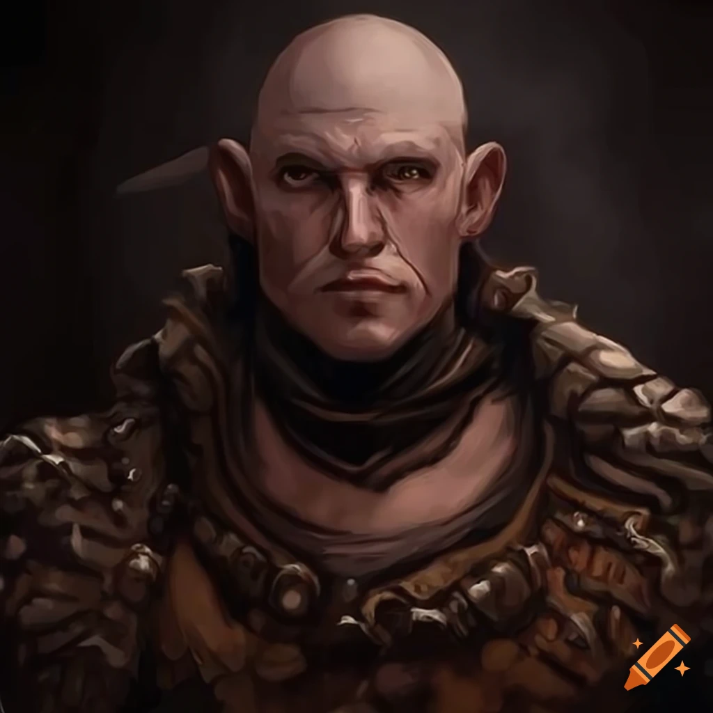 Portrait of a bald heavy-armored warrior in an ancient dungeon