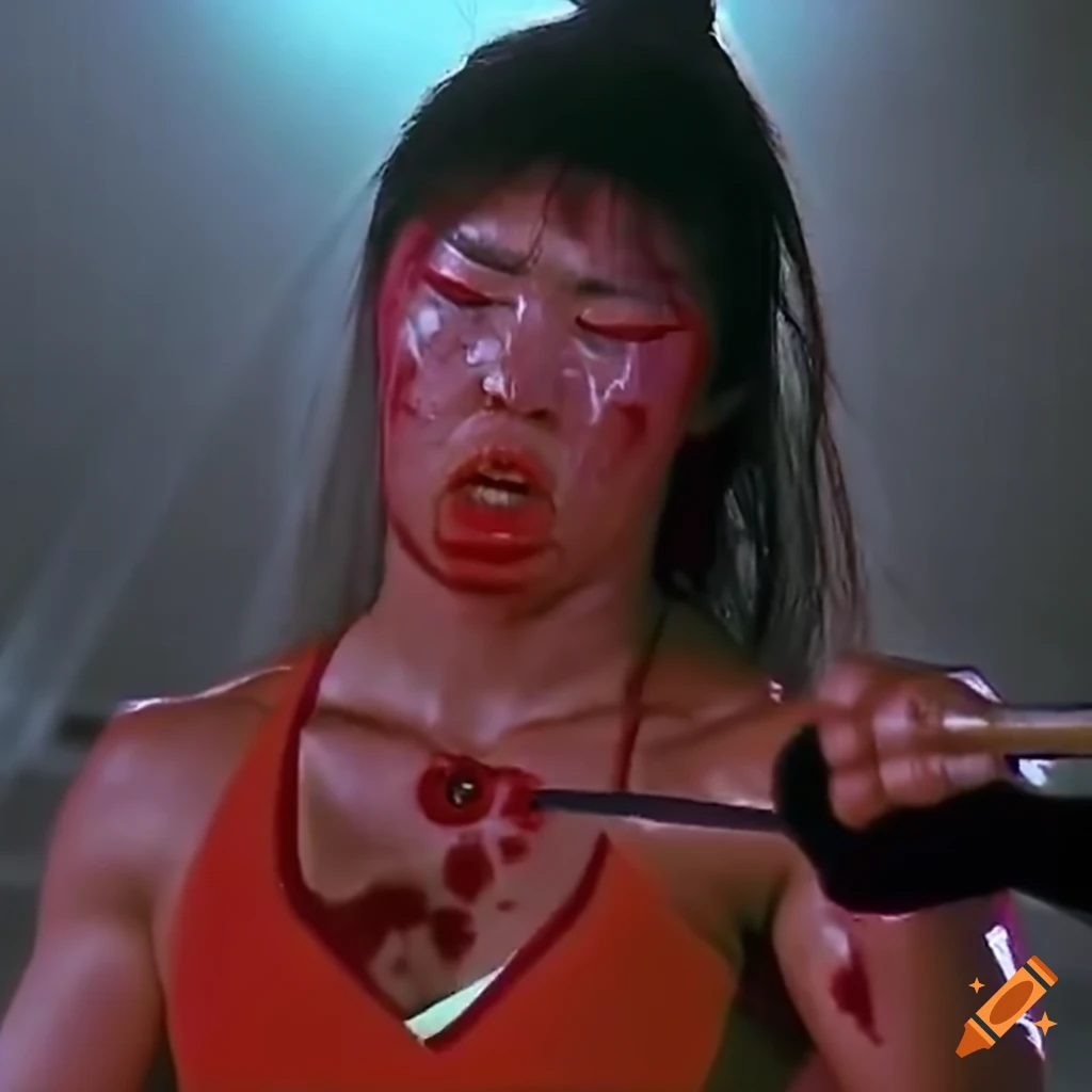 Asian female kung fu fighter with dizzied and disheveled look in an 80's movie scene