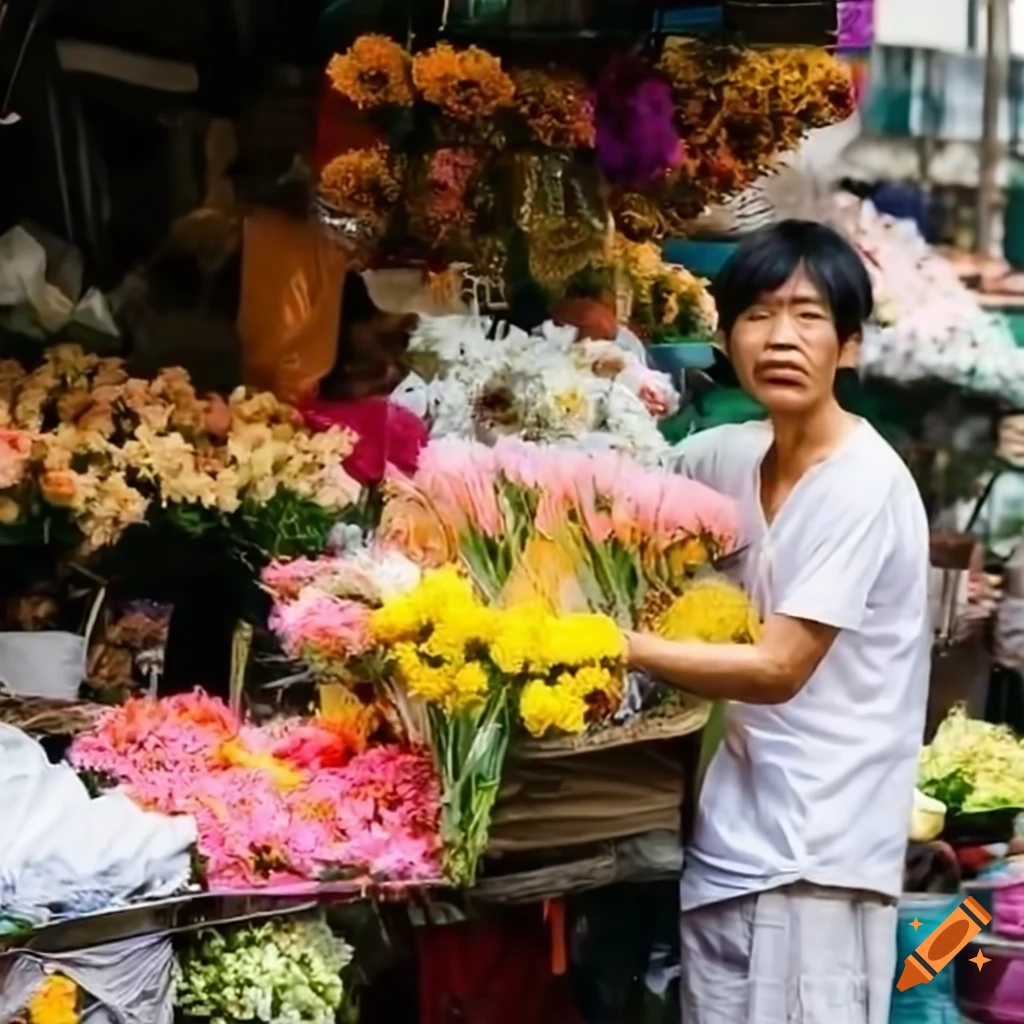 Asian man selling flowers in a market from a kei truck