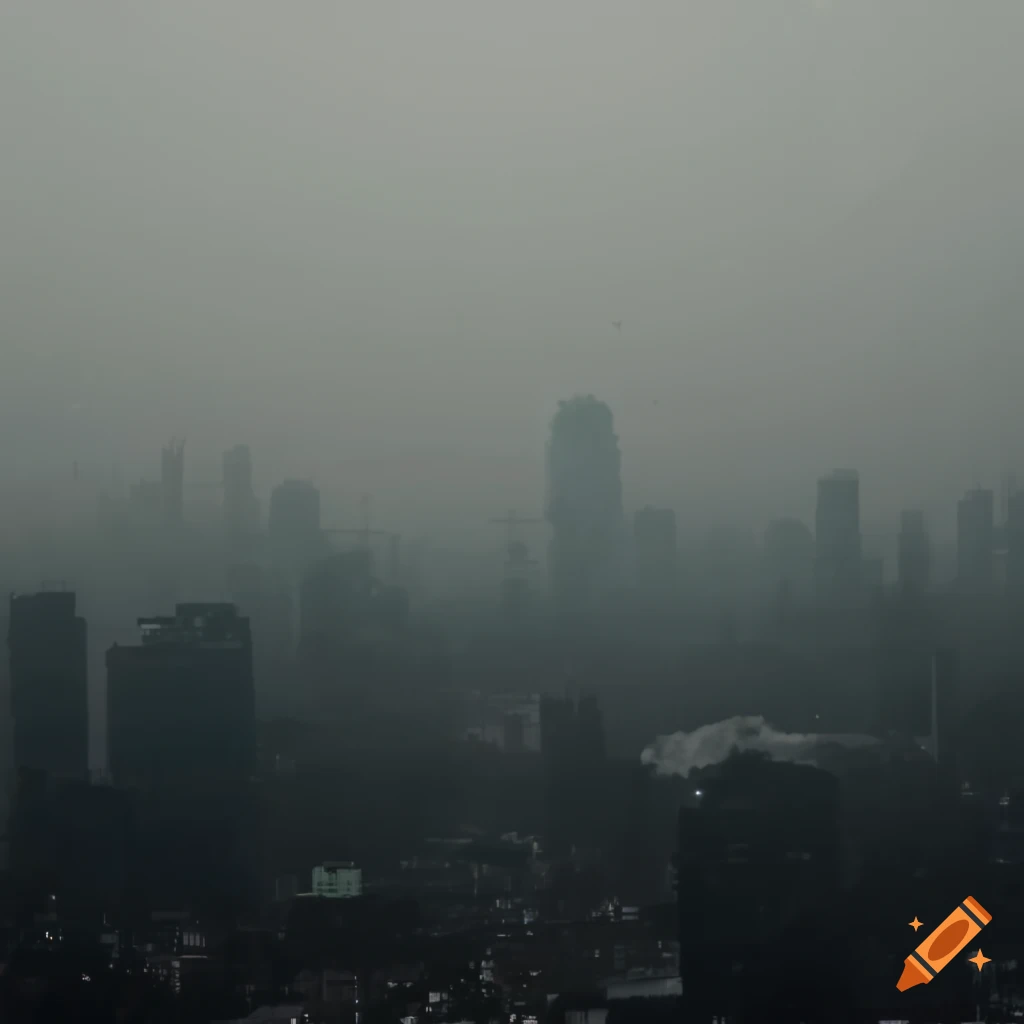 City covered in heavy smog and haze with a polluted sky