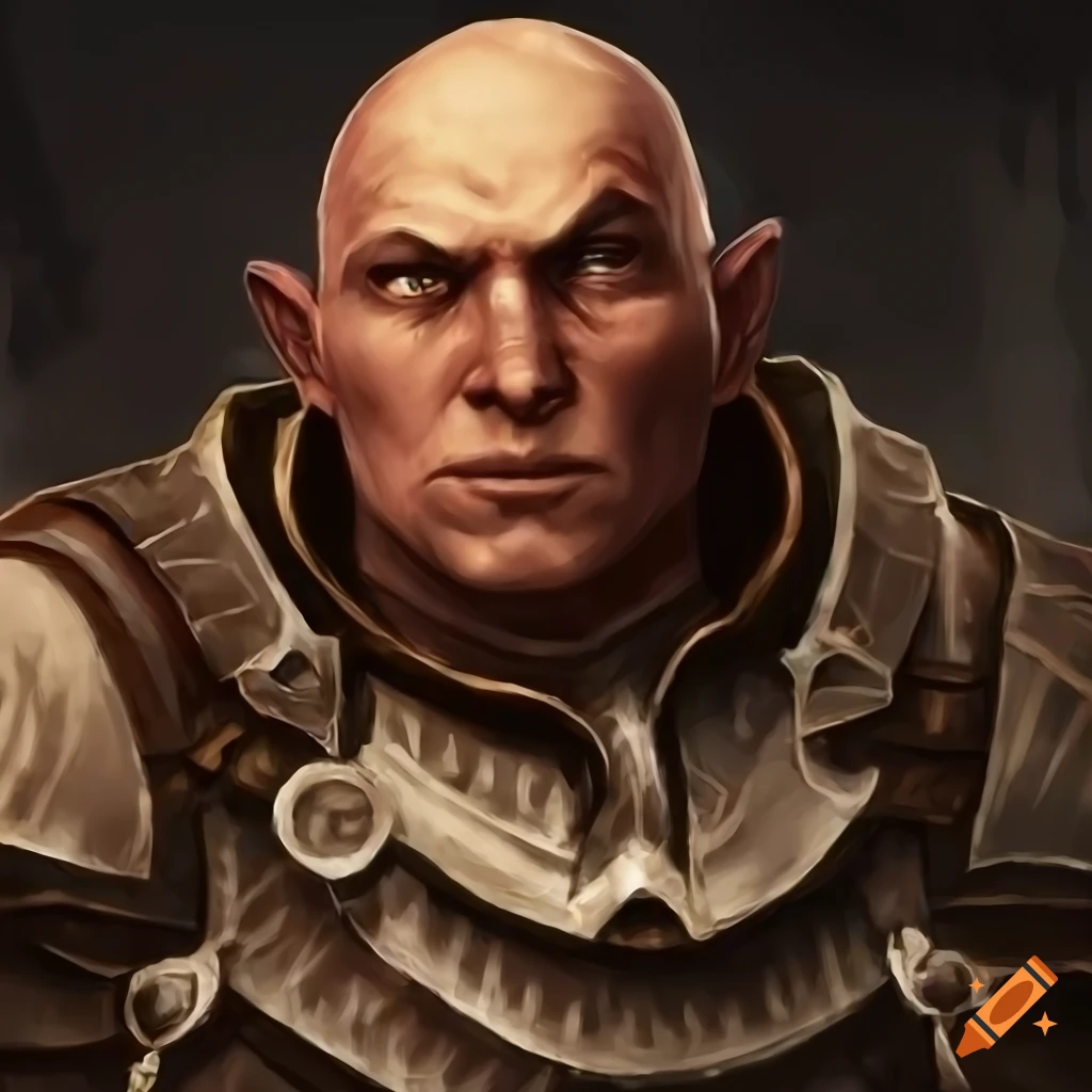 Portrait of a bald human warrior in heavy armor in a dimly lit dungeon