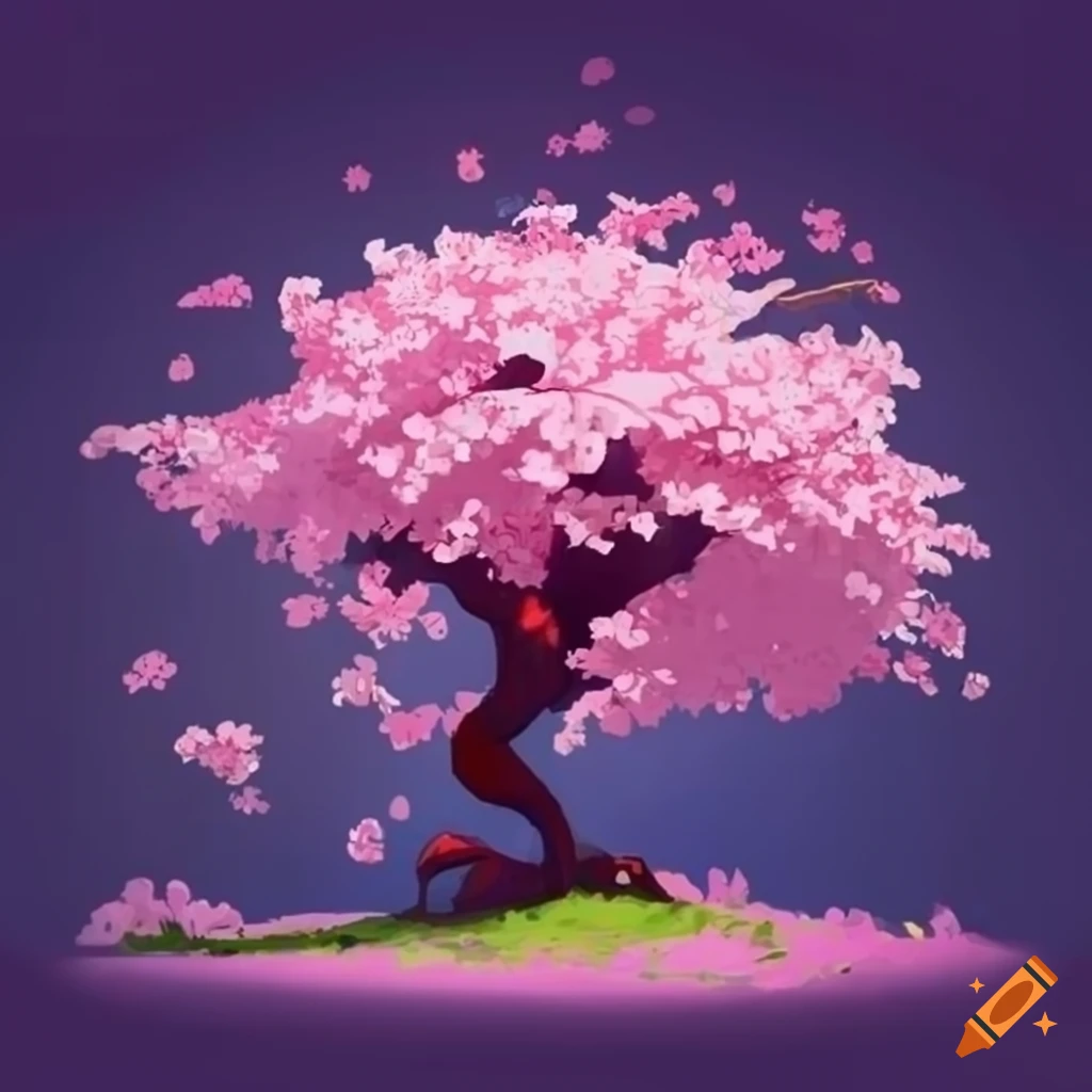 Cherry blossom tree in Rayman Legends style on a plain background