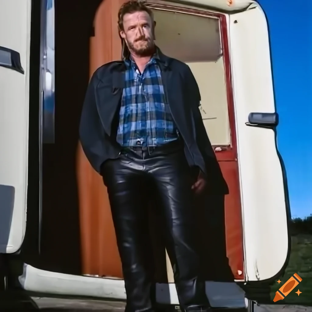 Young man in country plaid shirt and high-waist black leather trousers standing in a caravan doorway